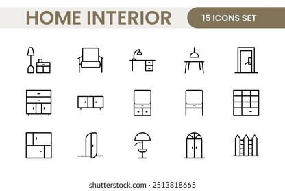 Elegant Interior and Home Decor Icons: A Stylish Set for Designing, Decorating, Renovating, and Enhancing Home Interiors with Visual Appeal