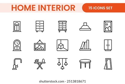 Elegant Interior and Home Decor Icons: A Stylish Set for Designing, Decorating, Renovating, and Enhancing Home Interiors with Visual Appeal