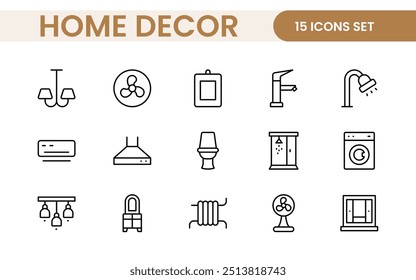 Elegant Interior and Home Decor Icons: A Stylish Set for Designing, Decorating, Renovating, and Enhancing Home Interiors with Visual Appeal