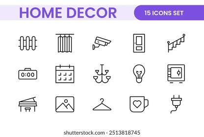 Elegant Interior and Home Decor Icons: A Stylish Set for Designing, Decorating, Renovating, and Enhancing Home Interiors with Visual Appeal