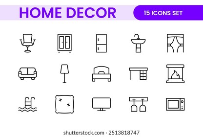 Ícones elegantes de decoração de interiores e interiores: um conjunto elegante para projetar, decorar, renovar e melhorar interiores domésticos com apelo visual