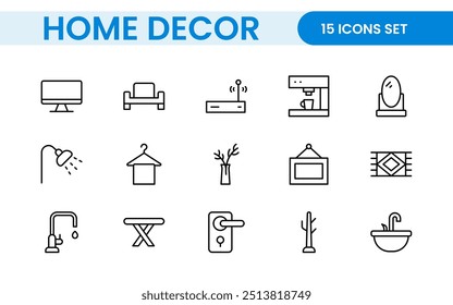 Elegant Interior and Home Decor Icons: A Stylish Set for Designing, Decorating, Renovating, and Enhancing Home Interiors with Visual Appeal