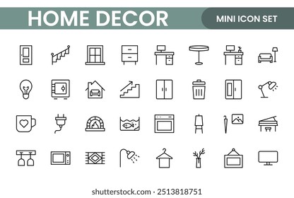 Elegant Interior and Home Decor Icons: A Stylish Set for Designing, Decorating, Renovating, and Enhancing Home Interiors with Visual Appeal