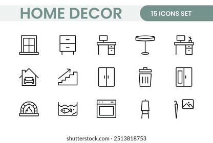 Ícones elegantes de decoração de interiores e interiores: um conjunto elegante para projetar, decorar, renovar e melhorar interiores domésticos com apelo visual