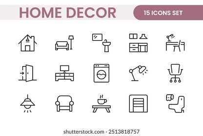 Ícones elegantes de decoração de interiores e interiores: um conjunto elegante para projetar, decorar, renovar e melhorar interiores domésticos com apelo visual