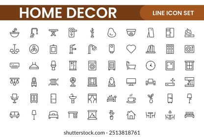 Elegant Interior and Home Decor Icons: A Stylish Set for Designing, Decorating, Renovating, and Enhancing Home Interiors with Visual Appeal