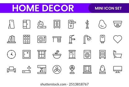 Elegant Interior and Home Decor Icons: A Stylish Set for Designing, Decorating, Renovating, and Enhancing Home Interiors with Visual Appeal