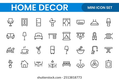 Elegant Interior and Home Decor Icons: A Stylish Set for Designing, Decorating, Renovating, and Enhancing Home Interiors with Visual Appeal