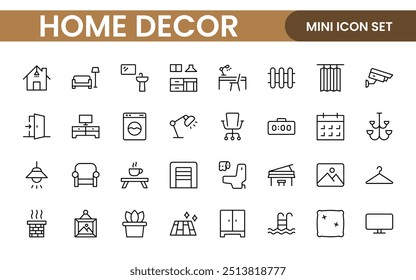 Elegant Interior and Home Decor Icons: A Stylish Set for Designing, Decorating, Renovating, and Enhancing Home Interiors with Visual Appeal