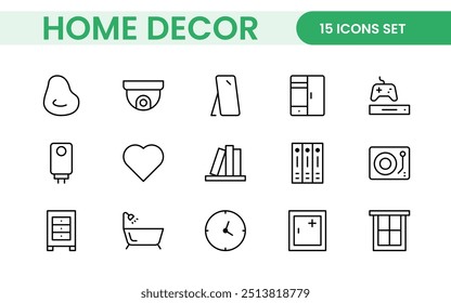 Elegant Interior and Home Decor Icons: A Stylish Set for Designing, Decorating, Renovating, and Enhancing Home Interiors with Visual Appeal