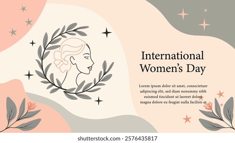 Elegant International Women’s Day design with floral elements, minimalist female profile, soft pastel color, decorative stars. Perfect for celebrations, events, and empowering women themed projects.