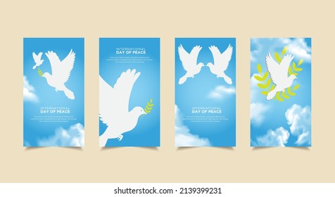 Elegant International Day of Peace background with flying dove, realistic cloud and leaf stalk. International Day of Peace design Stories Collection. Peace day template stories suitable for promotion,