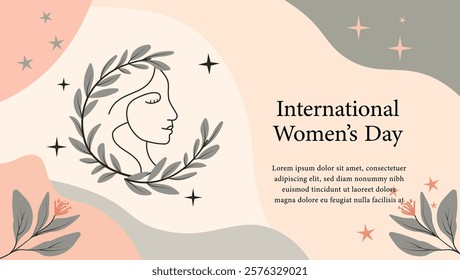 Elegant International Women's Day banner with floral elements, abstract pastel shapes, and a line-art female profile in a wreath. For celebrations, Women's Day Campaigns, Feminine Branding,Merchandise