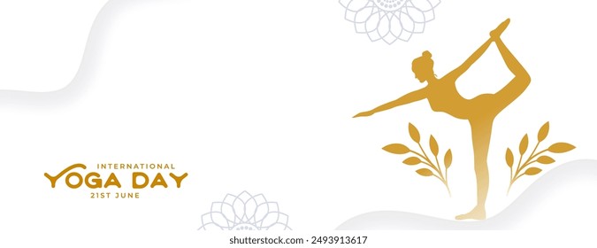 elegant international yoga day white banner with leaves vector