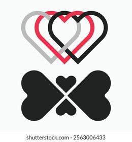 Elegant intertwined hearts icon in red, black, and gray. A perfect representation of unity and love for Valentine’s Day, wedding designs, and romantic branding. Ideal for contemporary projects.