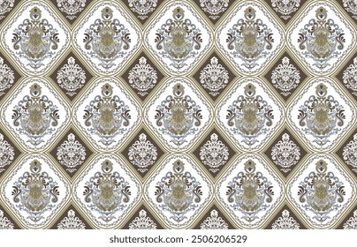 An elegant and intricate damask pattern featuring ornate floral motifs in a harmonious blend of earth tones. This seamless design is ideal for use in textiles, wallpaper, and home decor projects.