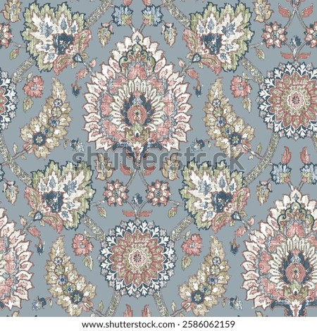 Elegant, intricate floral damask pattern on a light gray background.