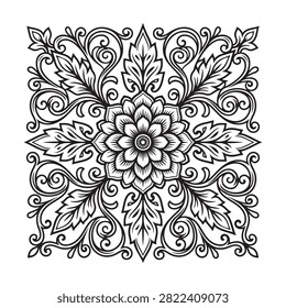 Elegant intricate floral decorative pattern with symmetrical swirls and leaves