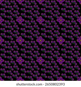 Elegant and intricate seamless floral and ornamental pattern set against a sophisticated black background. The design features repeating stylized purple flowers or abstract motifs with delicate gree