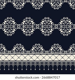 Elegante e intrincado padrão sem emenda em um fundo escuro com elementos florais e formas geométricas