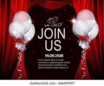 Elegant invitation banner with red theatrical curtains and balloons covered with a transparent cloth. VECTOR ILLUSTRATION