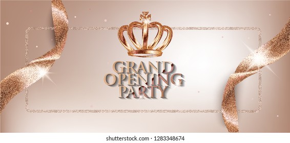 Elegant invitation beige card with sparkling ribbons and crown. Vector illustration