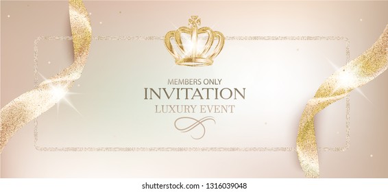 Elegant invitation beige card with sparkling ribbons and crown. Vector illustration