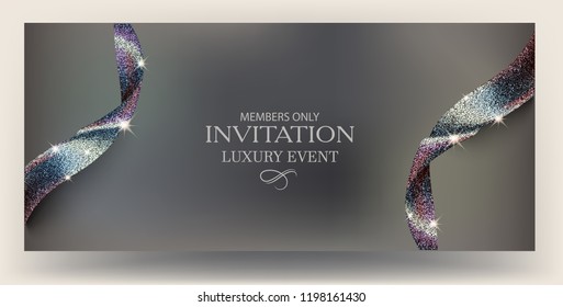 Elegant invitation black card with beautiful sparking ribbons. Vector illustration 