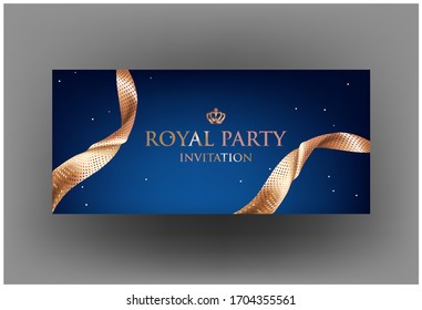 Elegant invitation blue card with sparkling ribbons and crown. Vector illustration