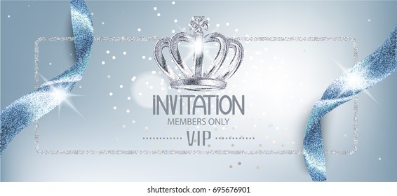 Elegant Invitation Blue Card With Sparkling Ribbons And Crown. Vector Illustration