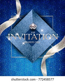 Elegant invitation blue card with sparkling ribbons and vintage design elements. Vector illustration
