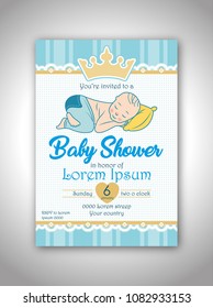 elegant invitation card for baby shower boy with a sleeping baby, a king crown, with lace, attractive, heart, vector format