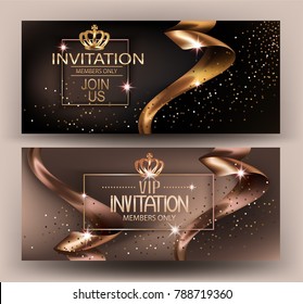 Elegant invitation card with beige textured curled gold ribbons. Vector illustration