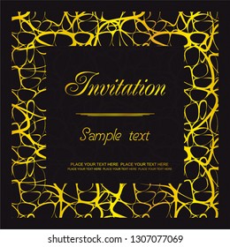 Elegant invitation card with black and gold swirl elements. Abstract vector design