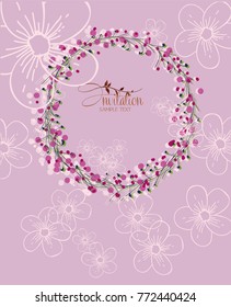 Elegant invitation card. Circle flowers, frame, pink background