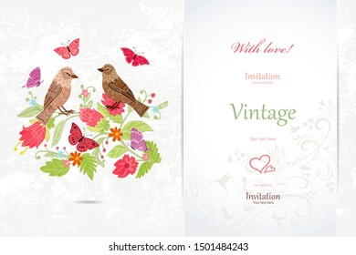 elegant invitation card with couple of birds in flowers for your design