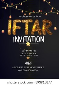 Elegant Invitation Card design decorated with golden glittering text Iftar, lights and party details.