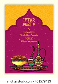 Elegant Invitation Card design with illustration of sweet dates, jug and glass for Islamic Holy Month of Fasting, Ramadan Kareem, Iftar Party celebration.