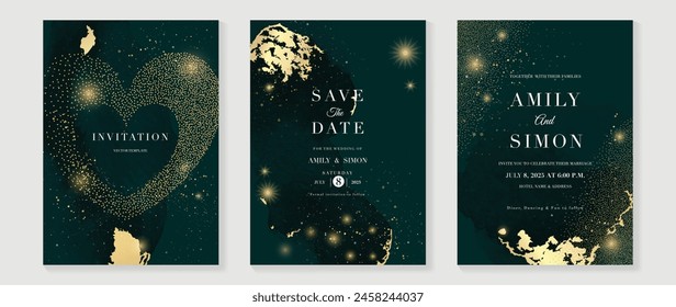 Elegante Vector de diseño de tarjeta de invitación. Fuegos artificiales de boda de lujo, mancha de brillo y textura de acuarela sobre fondo verde oscuro. Ilustración de diseño para cubierta, póster, Fondo de pantalla, gala, tarjeta VIP.