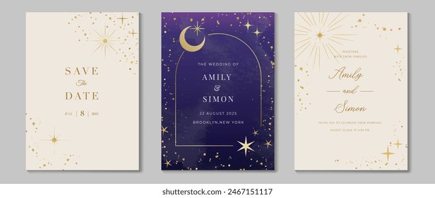 Elegant invitation card design vector. Luxury wedding card with firework, glitter spot, watercolor on light and purple background. Design illustration for cover, wallpaper, gala, VIP, happy new year.