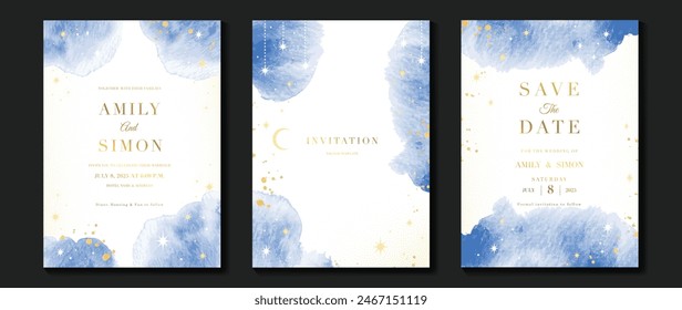 Elegant invitation card design vector. Luxury wedding card with firework, glitter spot, blue watercolor on white background. Design illustration for cover, poster, wallpaper, gala,VIP, happy new year.