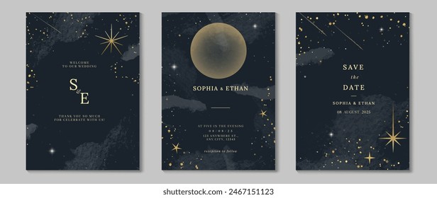 Elegant invitation card design vector. Luxury wedding card with firework, glitter spot, watercolor on dark blue background. Design illustration for cover, poster, wallpaper, gala, VIP, happy new year.