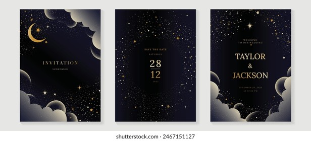 Elegante Vector de diseño de tarjeta de invitación. Tarjeta de boda de lujo con fuegos artificiales, textura de punto de brillo sobre fondo azul oscuro. Ilustración de diseño para portada, póster, Fondo de pantalla, gala, VIP, feliz año nuevo.