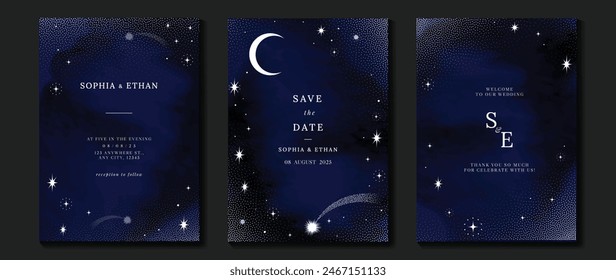 Elegant invitation card design vector. Luxury wedding card with firework, glitter spot, watercolor on dark blue background. Design illustration for cover, poster, wallpaper, gala, VIP, happy new year.