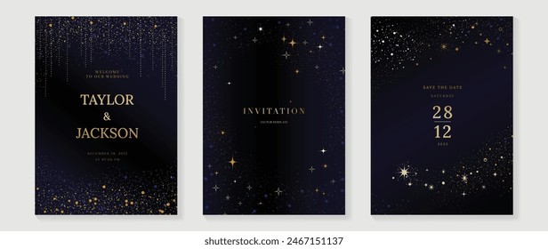 Elegante Einladungskarten-Design-Vektorgrafik. Luxuriöse Hochzeitskarte mit Feuerwerk, Glitzerflecktextur auf dunkelblauem Hintergrund. Design-Illustration für Cover, Poster, Bildschirmhintergrund, Gala, VIP, glückliches neues Jahr.