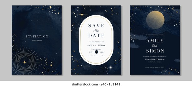 Elegant invitation card design vector. Luxury wedding card with firework, glitter spot, watercolor on dark blue background. Design illustration for cover, poster, wallpaper, gala, VIP, happy new year.