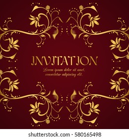 Elegant invitation card with floral decor in gold and red color