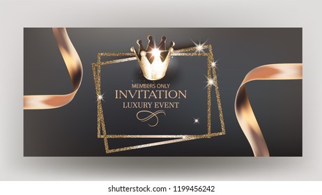 Elegant invitation card with gold design elemenst and ribbons. Vector illustration