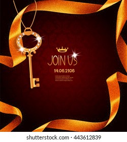 Elegant invitation card with gold sparkling curled ribbon and key