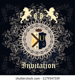 Elegant invitation card with lions and swirls for design